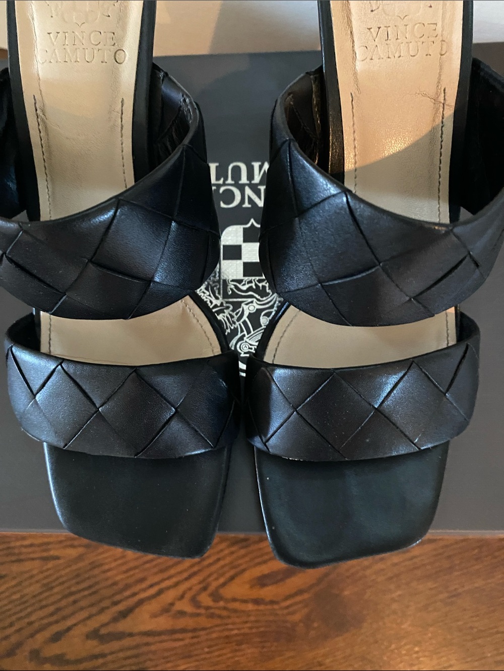 Vince Camuto Black Braided Double-Strap Slide Heels